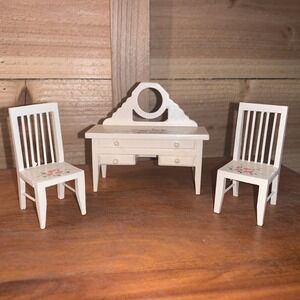 Vintage Miniature‎ Doll Furniture Vanity And Two Chairs Wooden White Floral 3pc